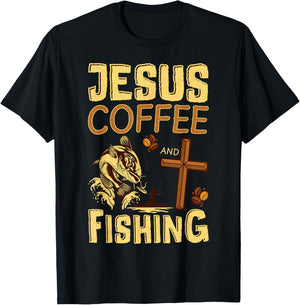 Jesus Coffee and Fishing Christian Fisher T-Shirt - T-Shirt | Black