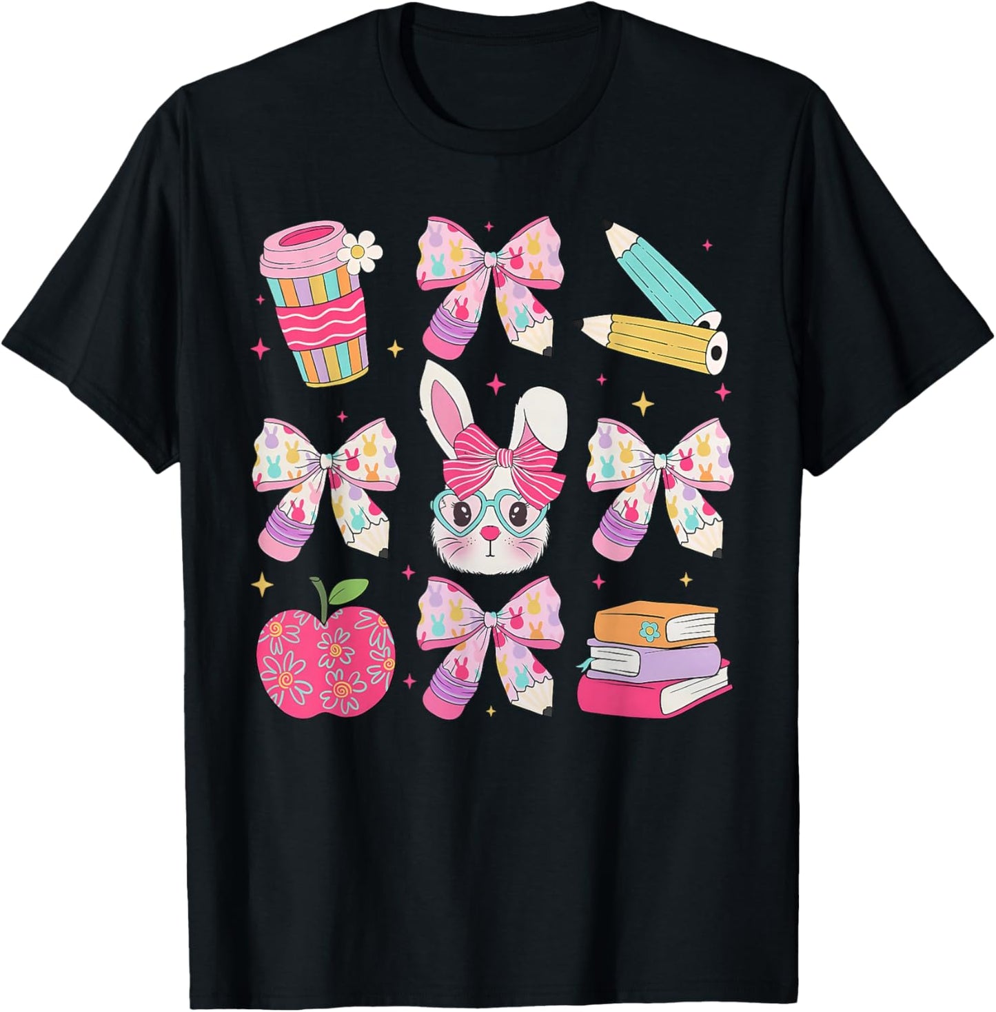 Funny Bunny Coquette Bow Rabbit Teacher Easter Retro Trendy T-Shirt - T-Shirt | Black