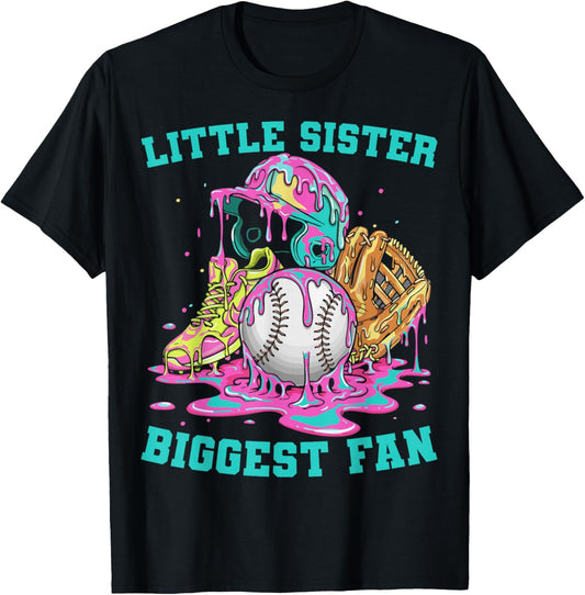 Little Sister Biggest Fan Baseball Cream Drip Crossed Bats T-Shirt - T-Shirt | Black