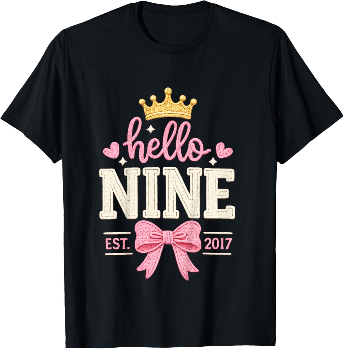 Hello Nine Est 2017 Cute 9th Birthday Bow 9 Years Old Girl T-Shirt - T-Shirt | Black