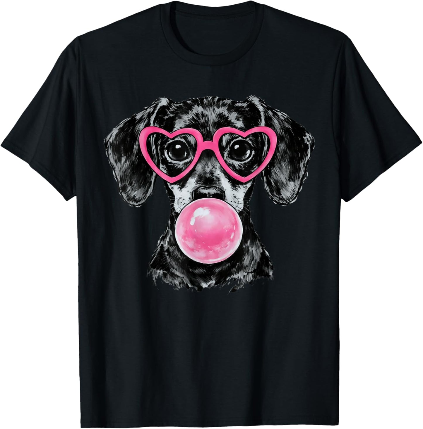 Valentines Dachshund Dog Blowing Bubble Pink Heart Glasses T-Shirt - T-Shirt | Black
