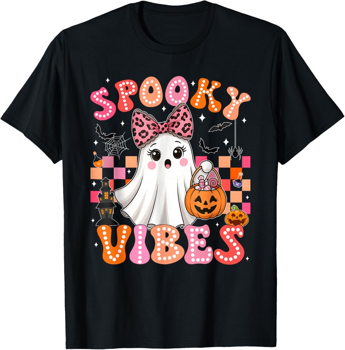 Groovy Spooky Season Retro Ghost Holding Pumpkin Halloween T-Shirt - T-Shirt | Black