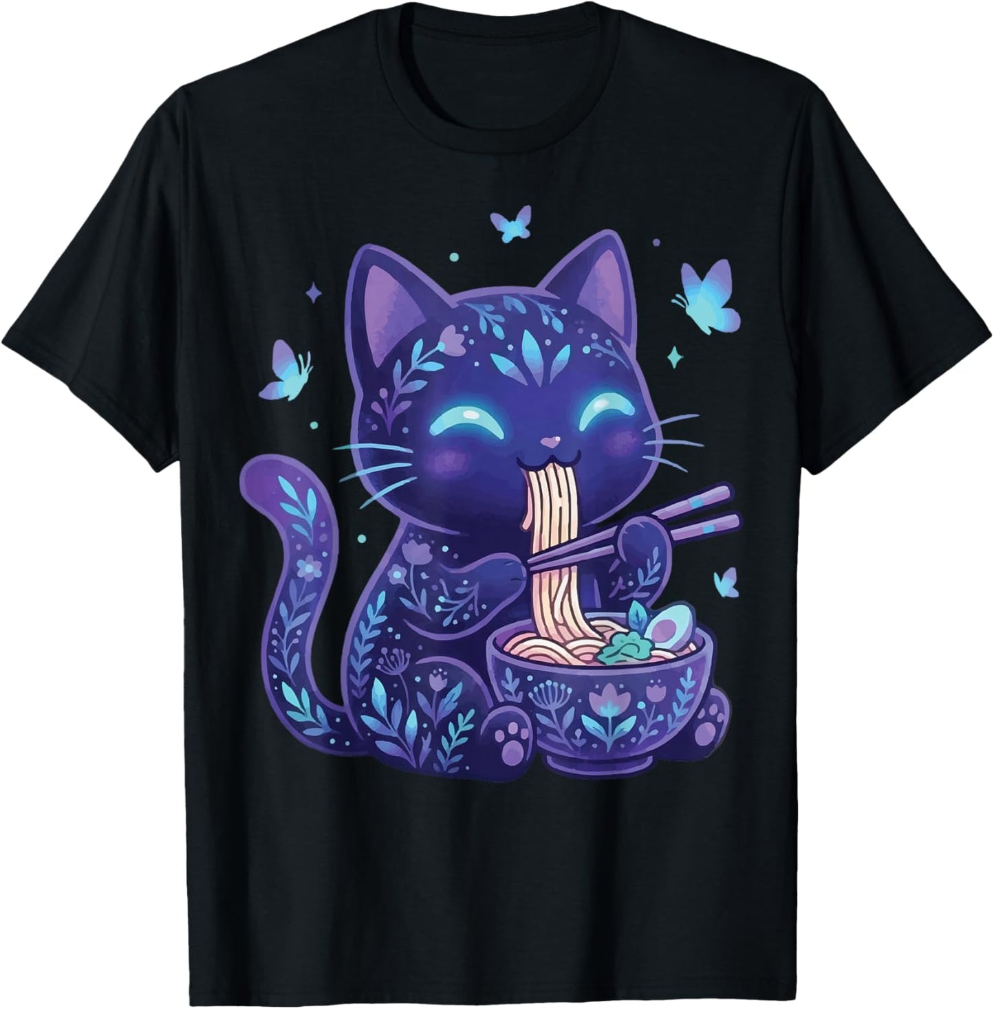 Cat Eating Ramen Dark Aesthetic T-Shirt - T-Shirt | Black
