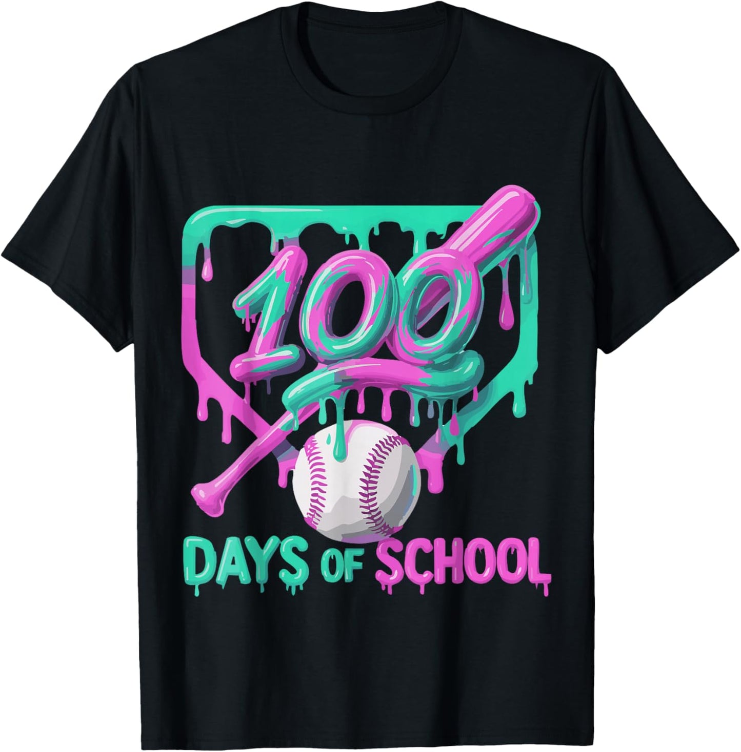 100 Days of School Baseball Ice Cream Drip 100th Day Player T-Shirt - T-Shirt | Black