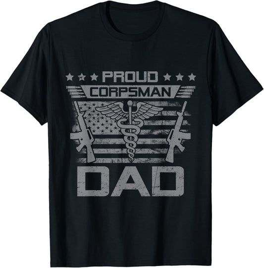 Proud Corpsman Dad Flag USA Family Matching T-Shirt - T-Shirt | Black