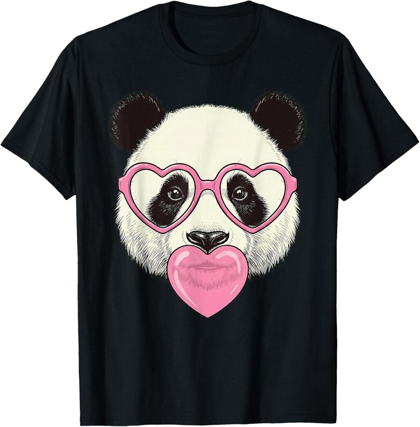 Cute Panda Blowing Pink Valentine Heart Bubble Gum T-Shirt - T-Shirt | Black