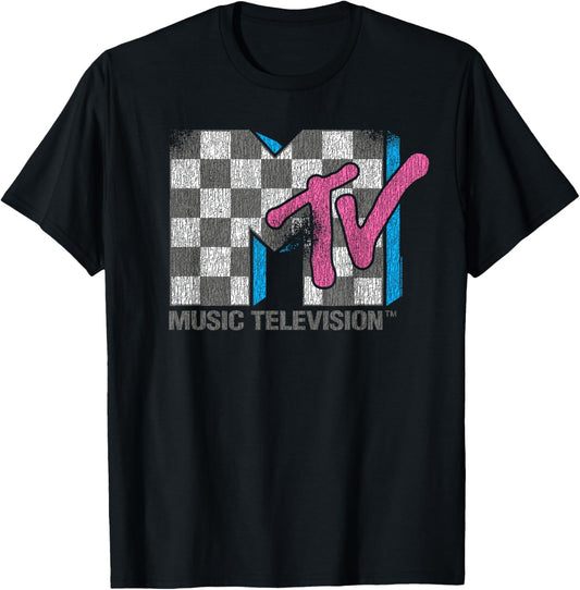 MTV Distressed Vintage Checkerboard Logo Music Television T-Shirt - T-Shirt | Black