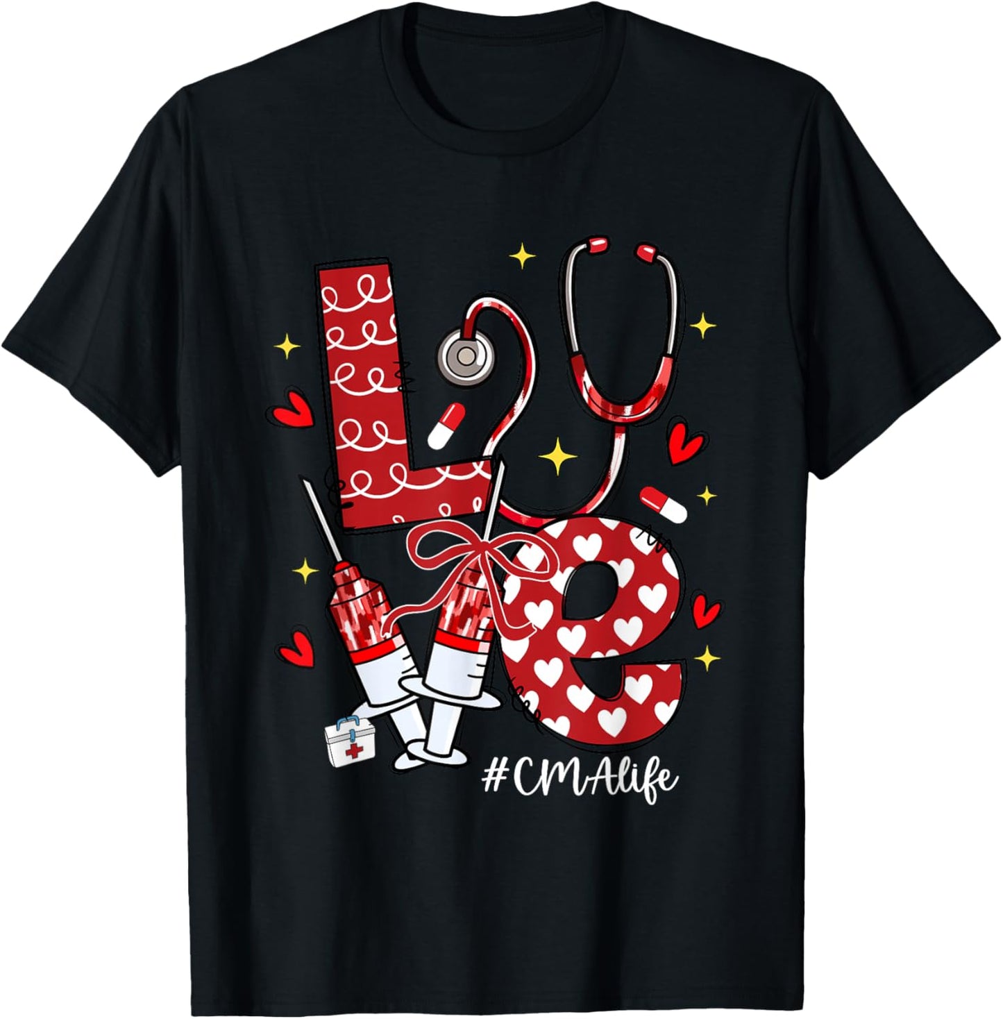Love CMA Life Stethoscope Bow Hearts T-Shirt - T-Shirt | Black