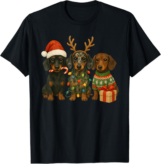 Dachshund Christmas Wiener Dog Santa Hat Weenie Ugly Sweater T-Shirt - T-Shirt | Black