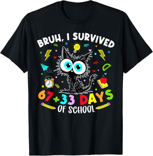Bruh I Survived 67 33 Days of School Cat 100 Days Teachers T-Shirt - T-Shirt | Black