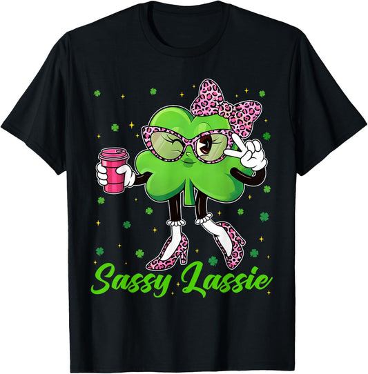 Funny Sassy Lassie Shamrock Leopard St Patricks Women Girl T-Shirt - T-Shirt | Black