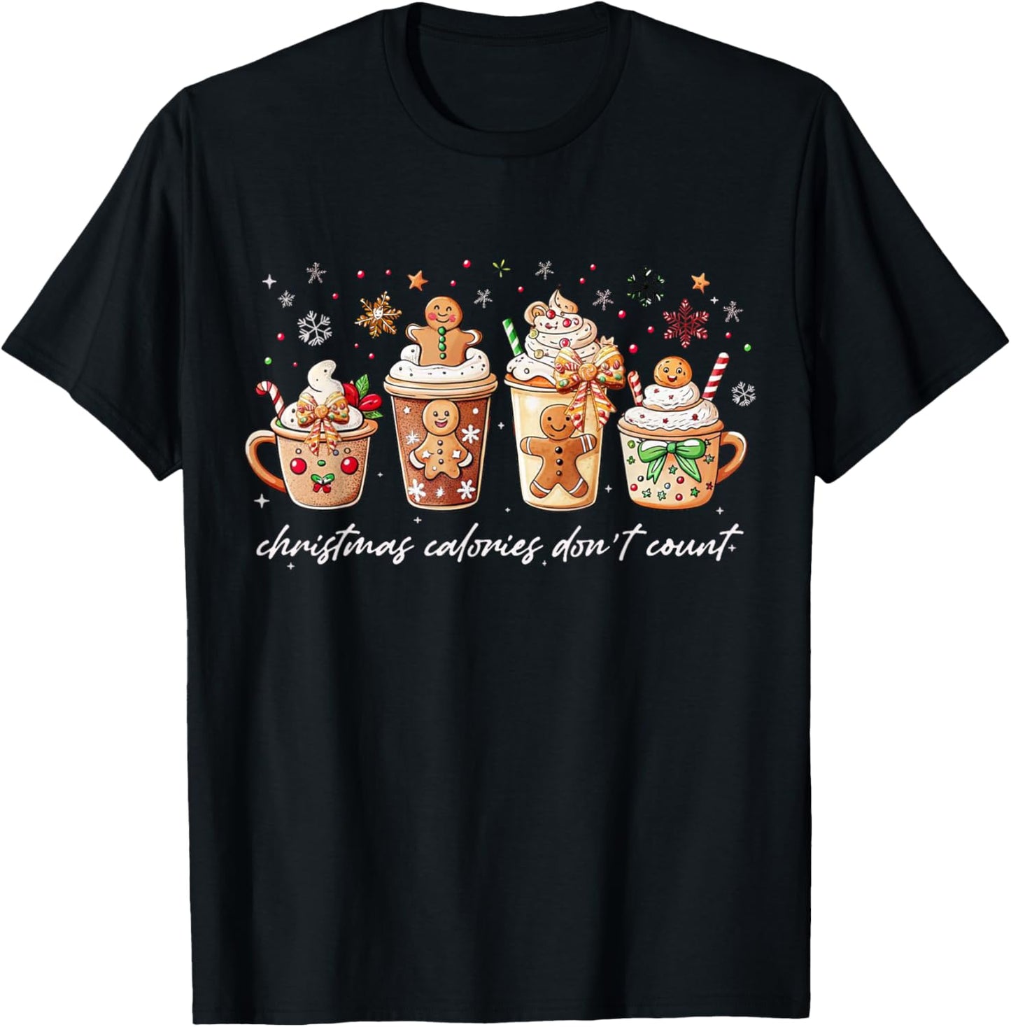 Christmas Calories Don't Count Iced Coffee Gingerbread Bow T-Shirt - T-Shirt | Black