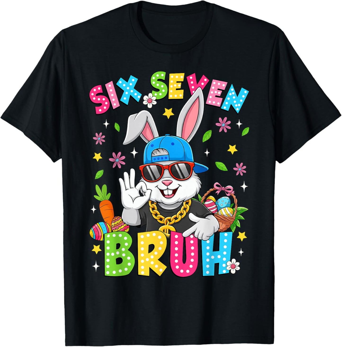 67 Six Seven Bruh Bunny Rabbit Face Sunglasses Easter Day T-Shirt - T-Shirt | Black