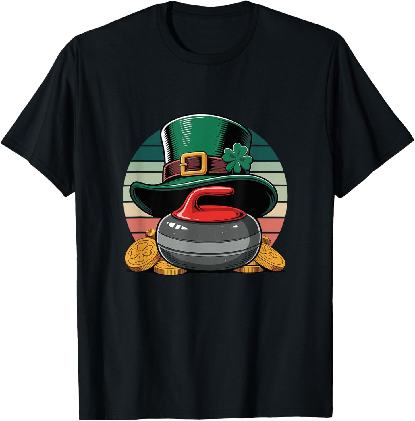 St. Patrick's Day Lucky Curling Stone Clover Gold T-Shirt - T-Shirt | Black