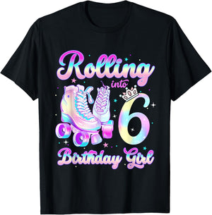 Kids Rolling Into 6 Roller Skating 6th Birthday Girls Party T-Shirt - T-Shirt | Black