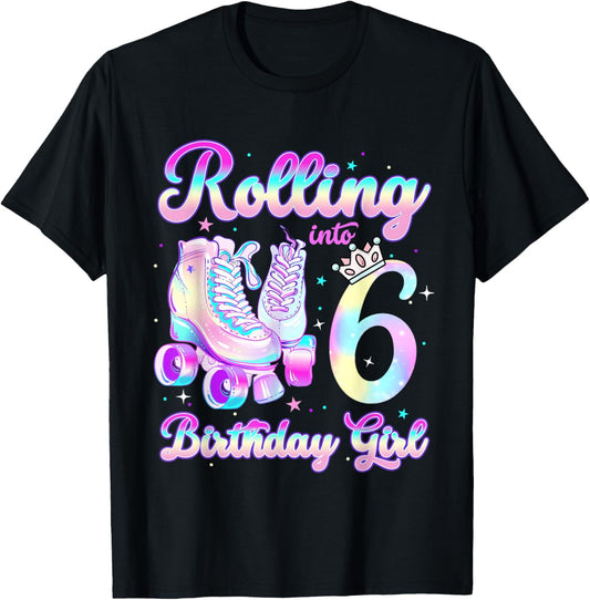 Kids Rolling Into 6 Roller Skating 6th Birthday Girls Party T-Shirt - T-Shirt | Black