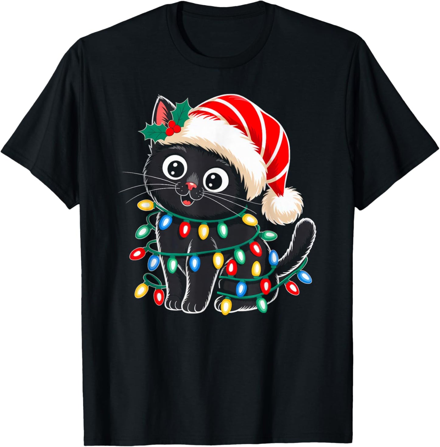 Black Cat Christmas Lights Santa Hat Xmas Pajamas Cat Lover T-Shirt - T-Shirt | Black