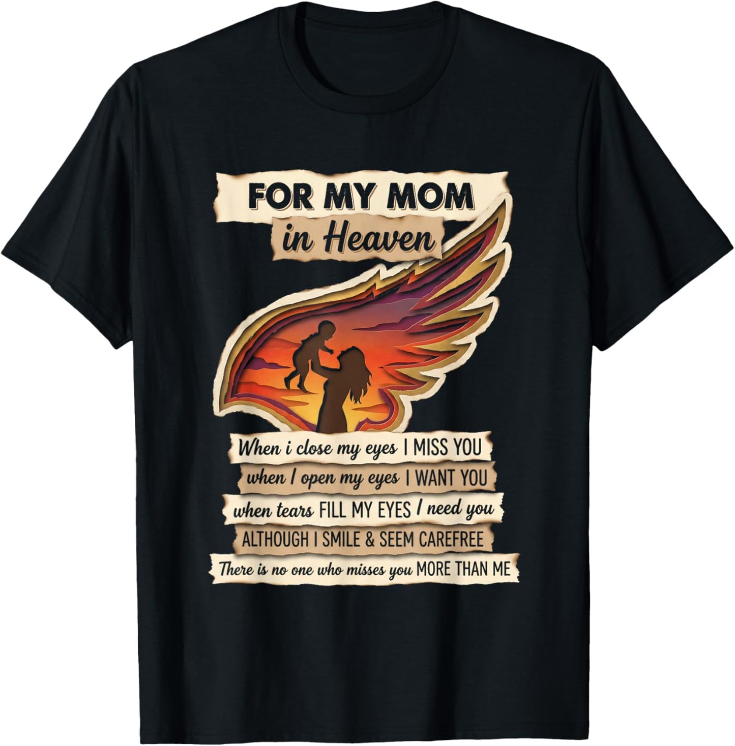 for My Mom in Heaven Missing You Remembrance Angel Wing T-Shirt - T-Shirt | Black