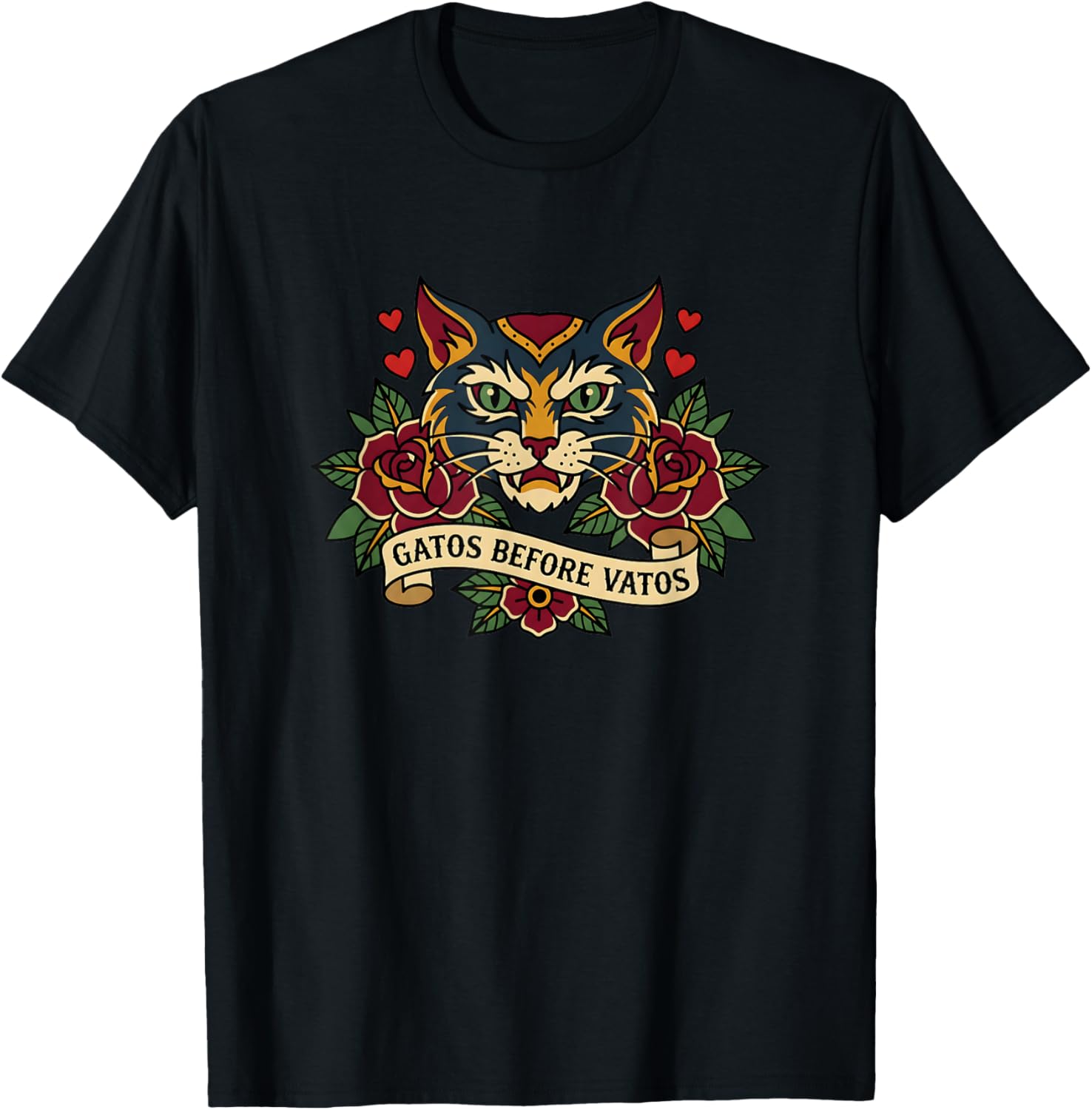 Gatos Before Vatos Funny Vintage Tattoo Cat T-Shirt - T-Shirt | Black