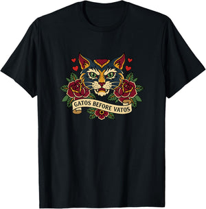 Gatos Before Vatos Funny Vintage Tattoo Cat T-Shirt - T-Shirt | Black