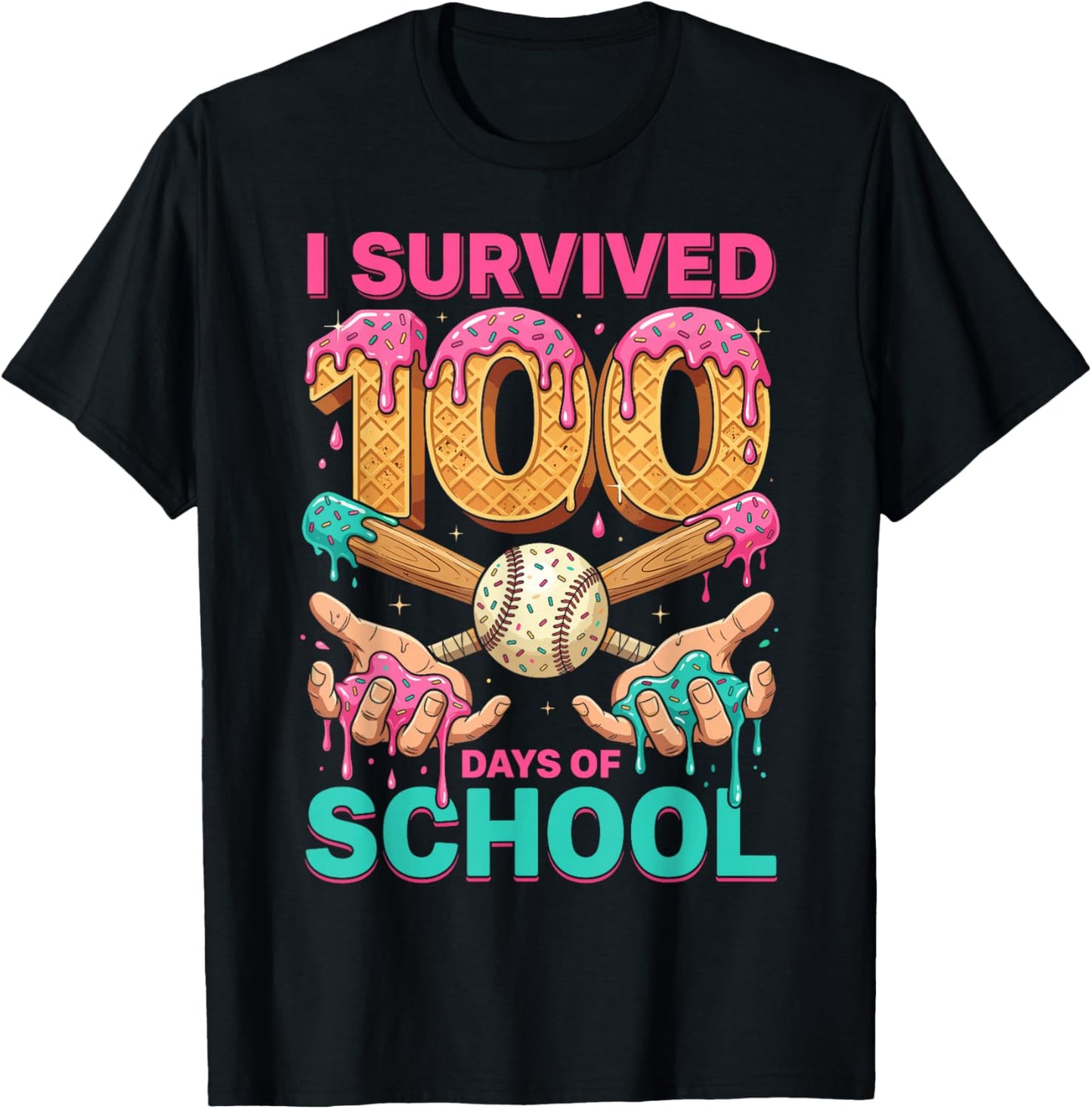 I Survived 100 Days of School Baseball Ice Cream Drip T-Shirt - T-Shirt | Black