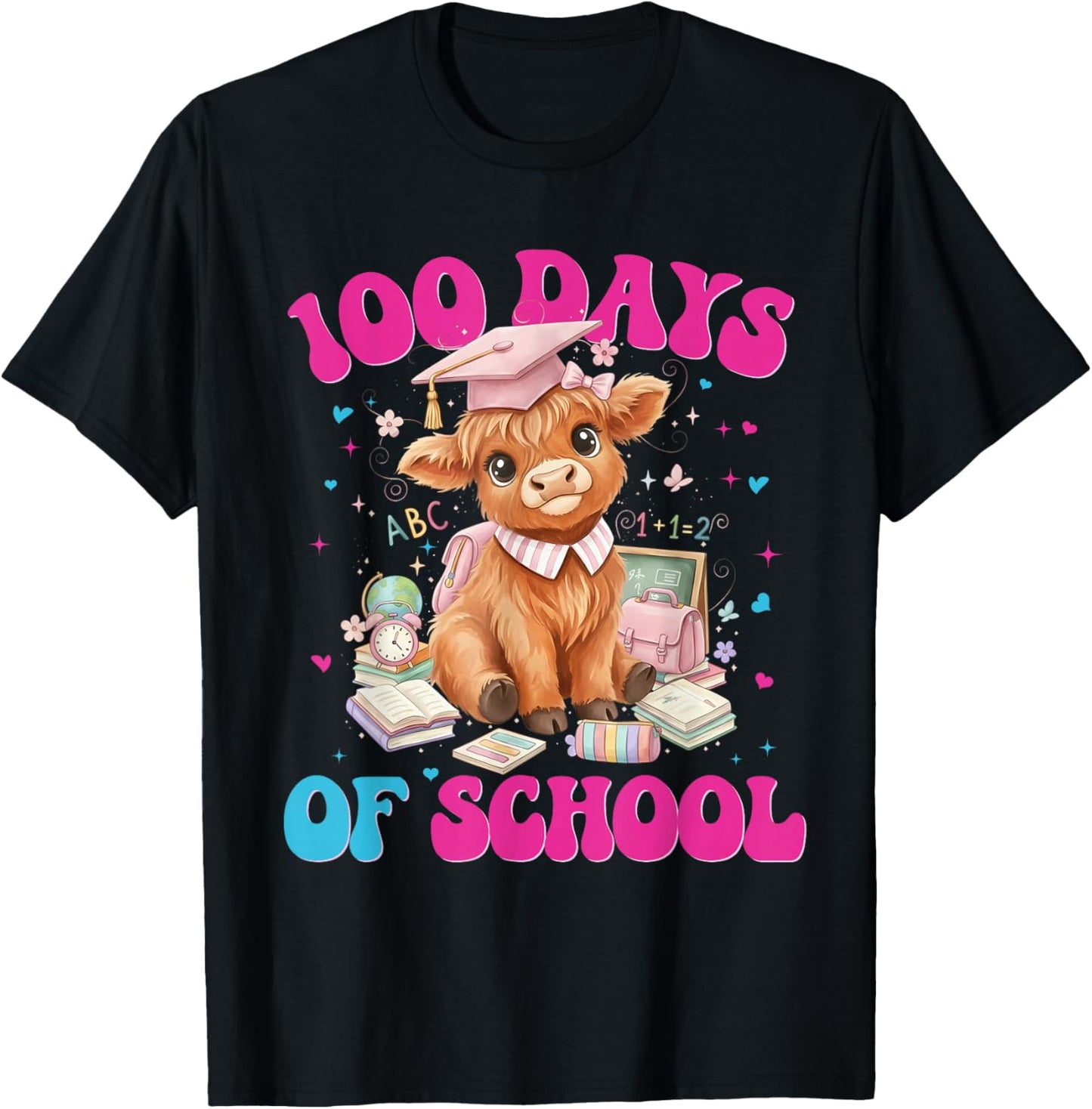 Cute Cow 100 Days of School Fun for Teachers Students T-Shirt - T-Shirt | Black