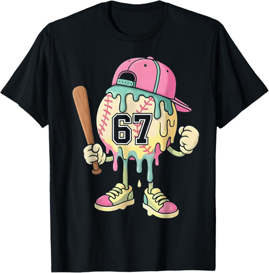 Baseball Ice Cream Drip 67 Boys and Girls Batter Game Day T-Shirt - T-Shirt | Black