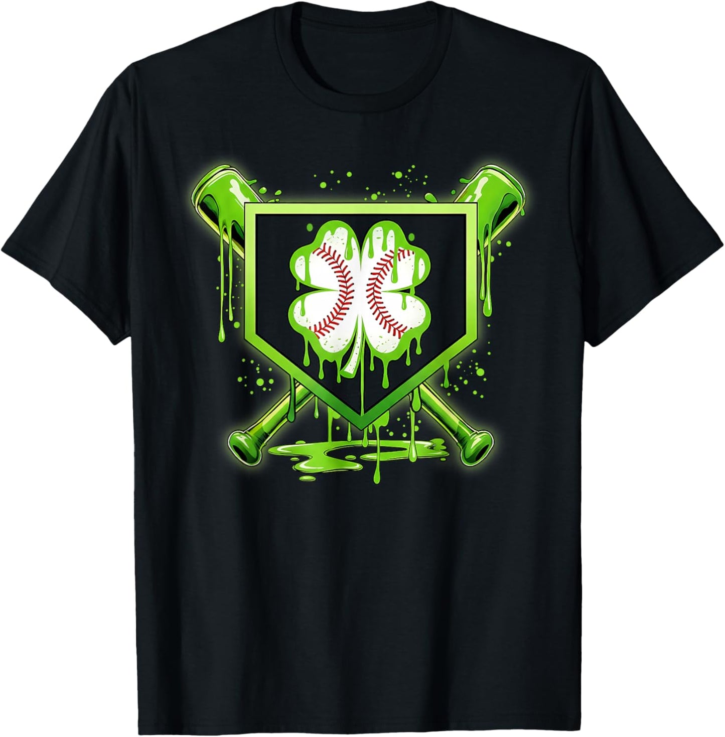 Baseball Icecream St Patrick's Day Lucky Charm Shamrock Drip T-Shirt - T-Shirt | Black