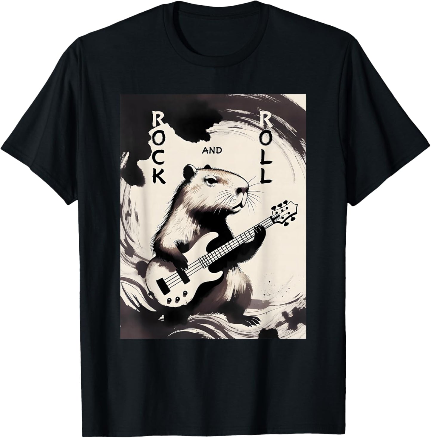 Capybara Playing Guitar Rock On Vintage Guitarist Capybara T-Shirt - T-Shirt | Black