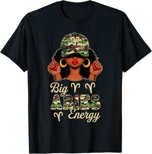 Big Aries Energy Afro Women Camo Cap Black Girl Zodiac T-Shirt - T-Shirt | Black