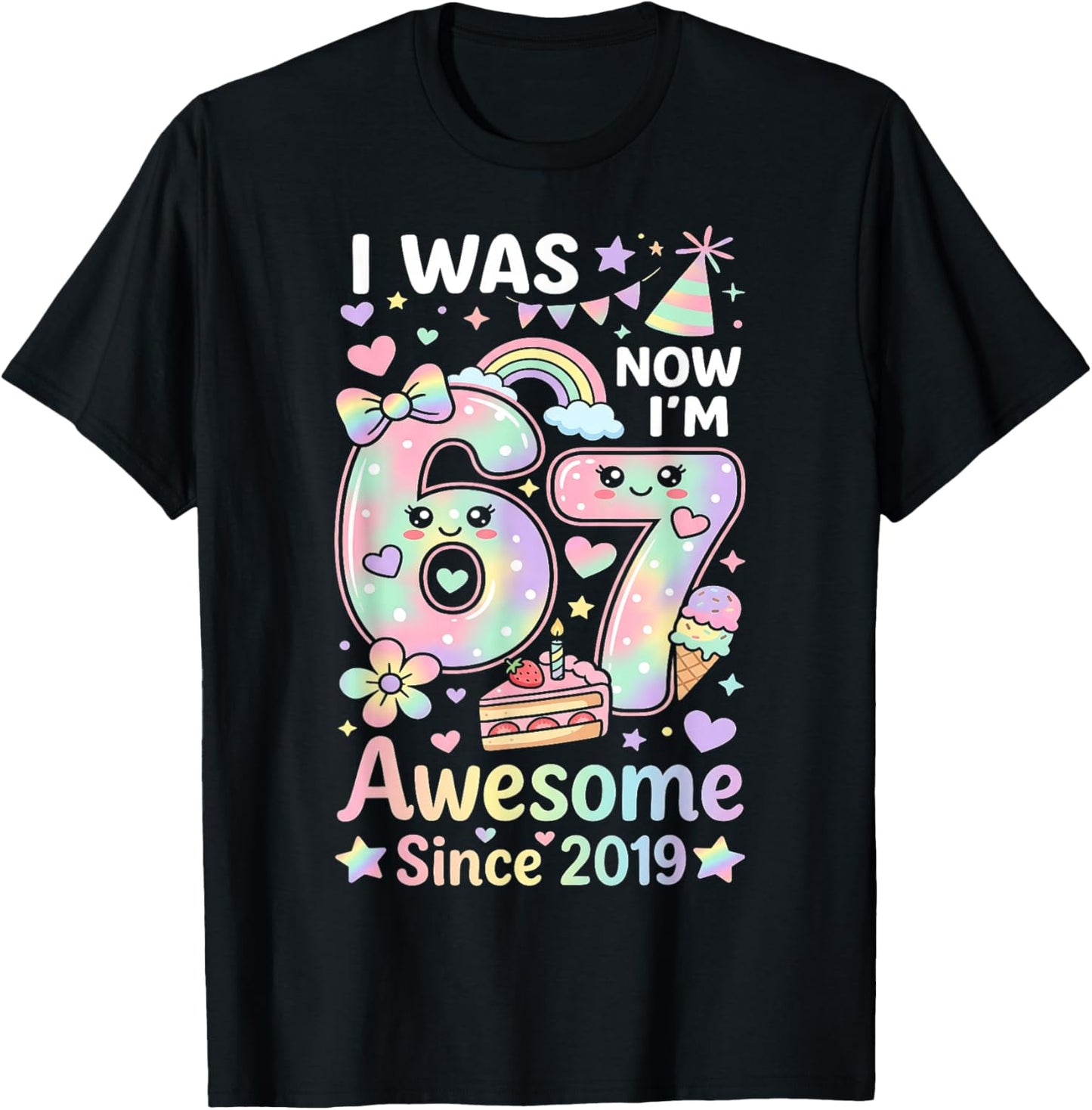 I was 6 Now I'm 7 Kawaii Tie Dye Rainbow 6 7 Birthday Girls T-Shirt - T-Shirt | Black