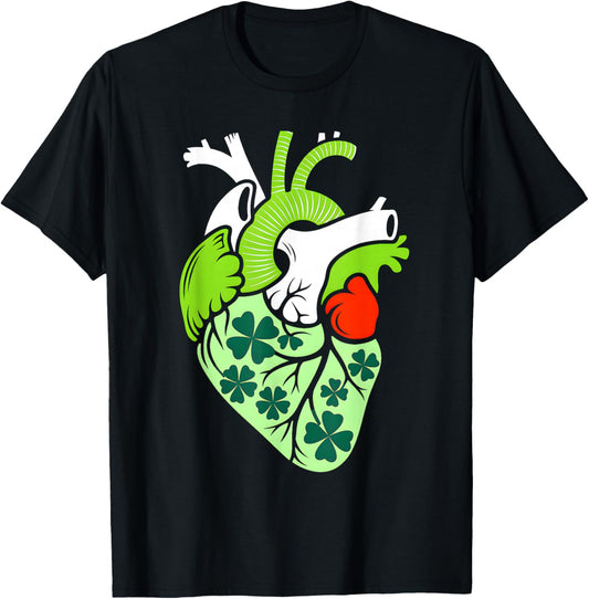 Shamrock Heart Cardiac Nurse St Patricks Day Irish Anatomy T-Shirt - T-Shirt | Black