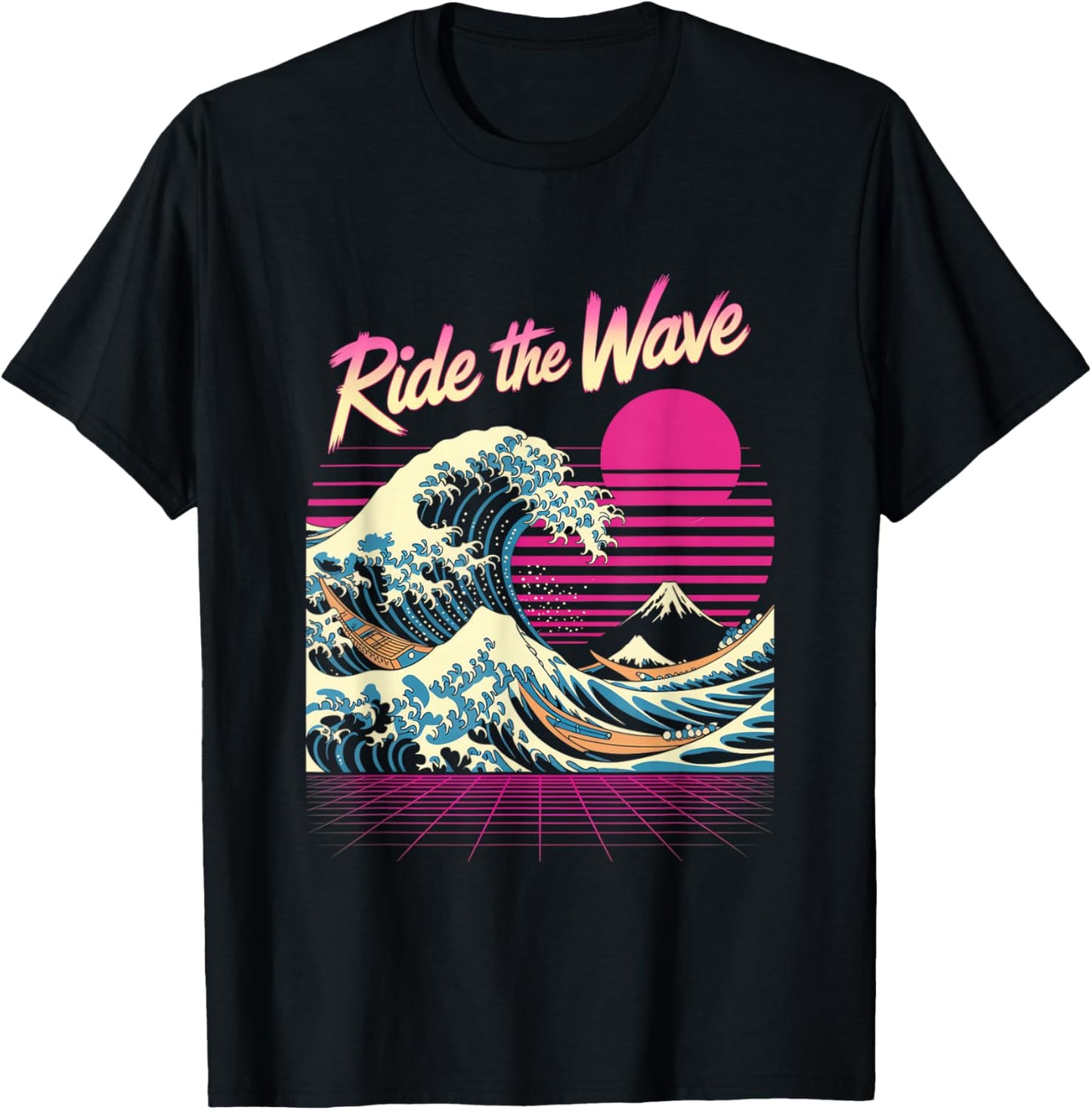 Ride The Wave Retro Surf Synthwave Ocean Sunset T-Shirt - T-Shirt | Black
