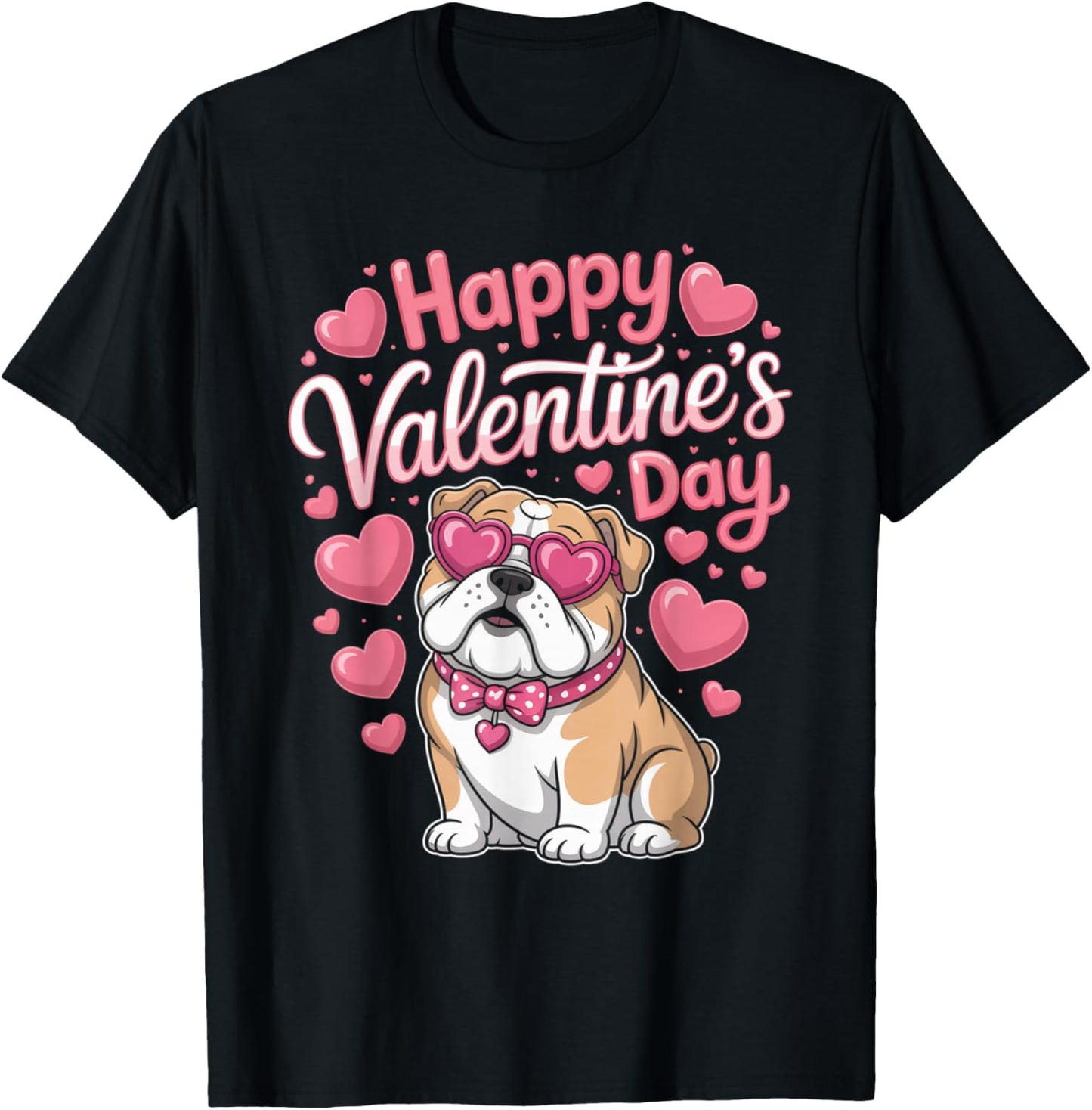Happy Valentine’s Day Bulldog with Hearts Cute Dog T-Shirt - T-Shirt | Black