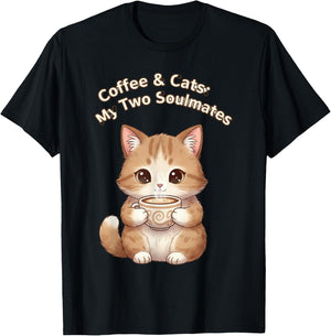 Coffee & Cats My Two Soulmates Whimsical Mug Design T-Shirt - T-Shirt | Black