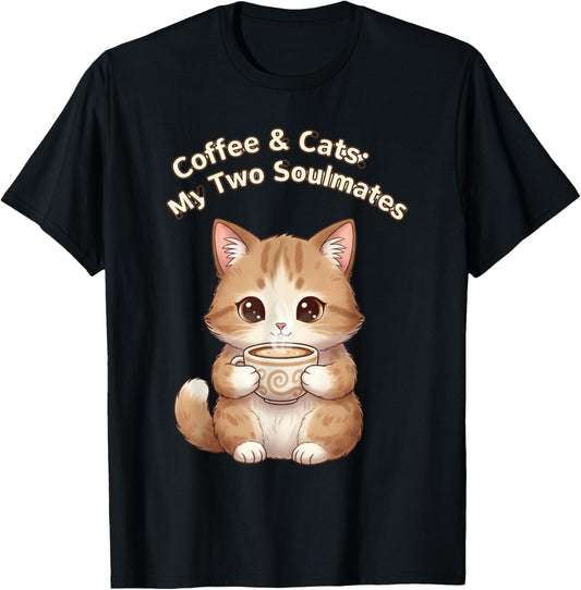 Coffee & Cats My Two Soulmates Whimsical Mug Design T-Shirt - T-Shirt | Black