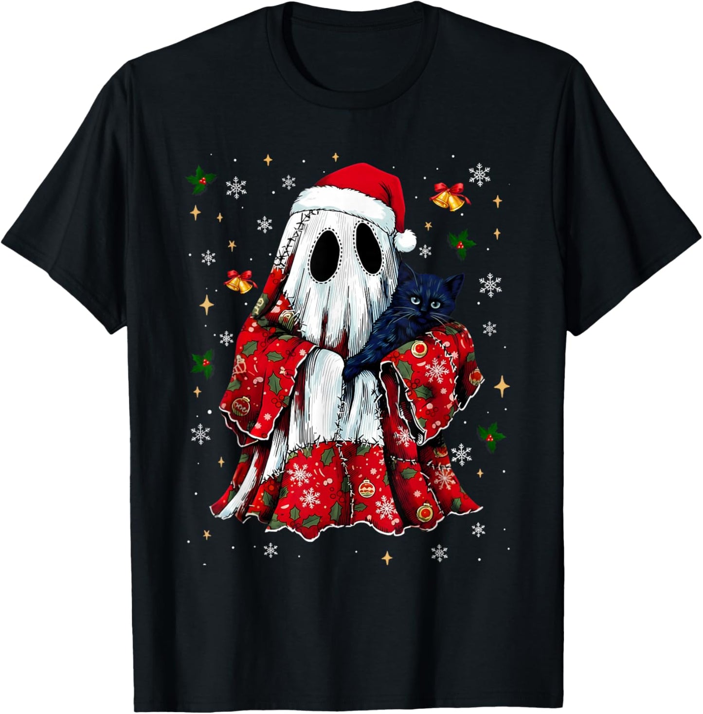 Vintage Christmas Ghost Holding Black Cat Groovy Floral T-Shirt - T-Shirt | Black