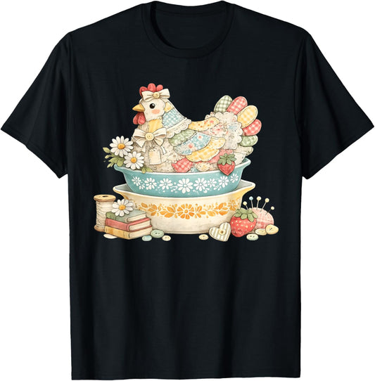 Patchwork Vintage Hen, Quilted Chicken Pyrex T-Shirt - T-Shirt | Black