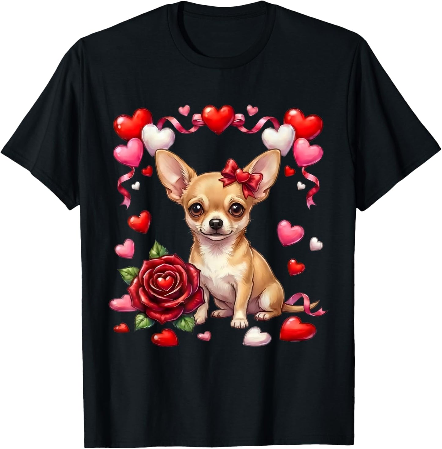 Cute Kawaii Chihuahua Dog Heart Coquette Bow Valentines Day T-Shirt - T-Shirt | Black