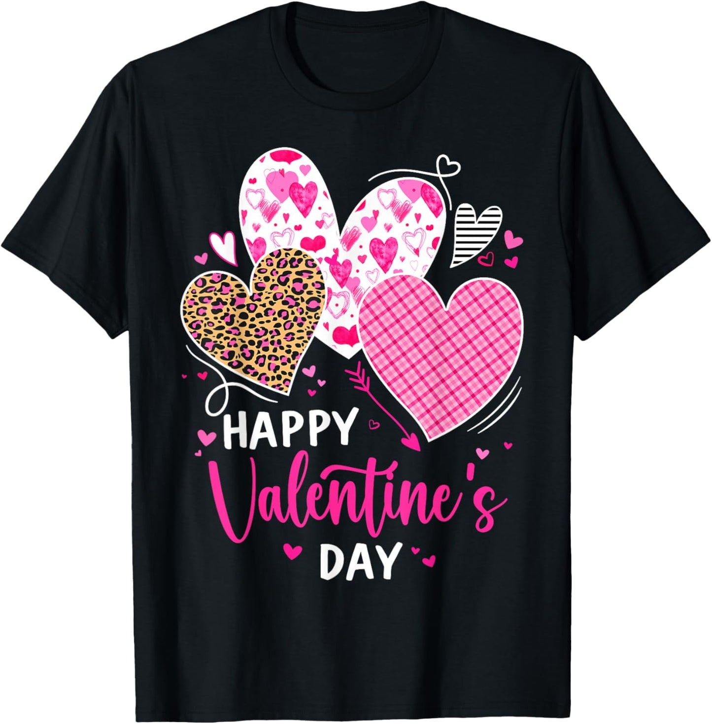 Happy Valentine's Day Leopard and Plaid Hearts Girls Women T-Shirt - T-Shirt | Black