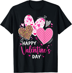 Happy Valentine's Day Leopard and Plaid Hearts Girls Women T-Shirt - T-Shirt | Black