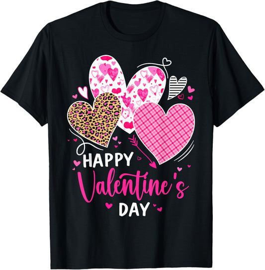 Happy Valentine's Day Leopard and Plaid Hearts Girls Women T-Shirt - T-Shirt | Black