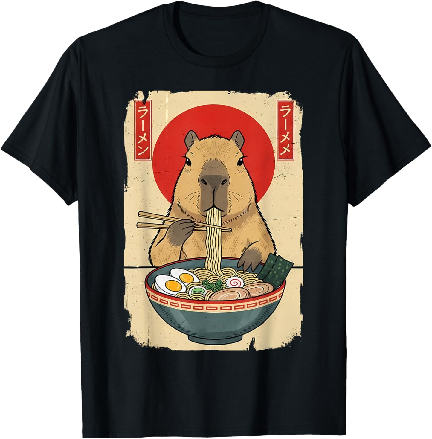 Capybara Eating Ramen Noodles Funny Vintage Japanese Anime T-Shirt - T-Shirt | Black