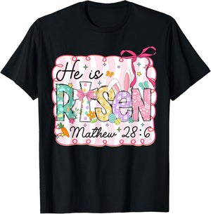 Easter Preppy He is Risen Cross Bow Christian Women Girls T-Shirt - T-Shirt | Black