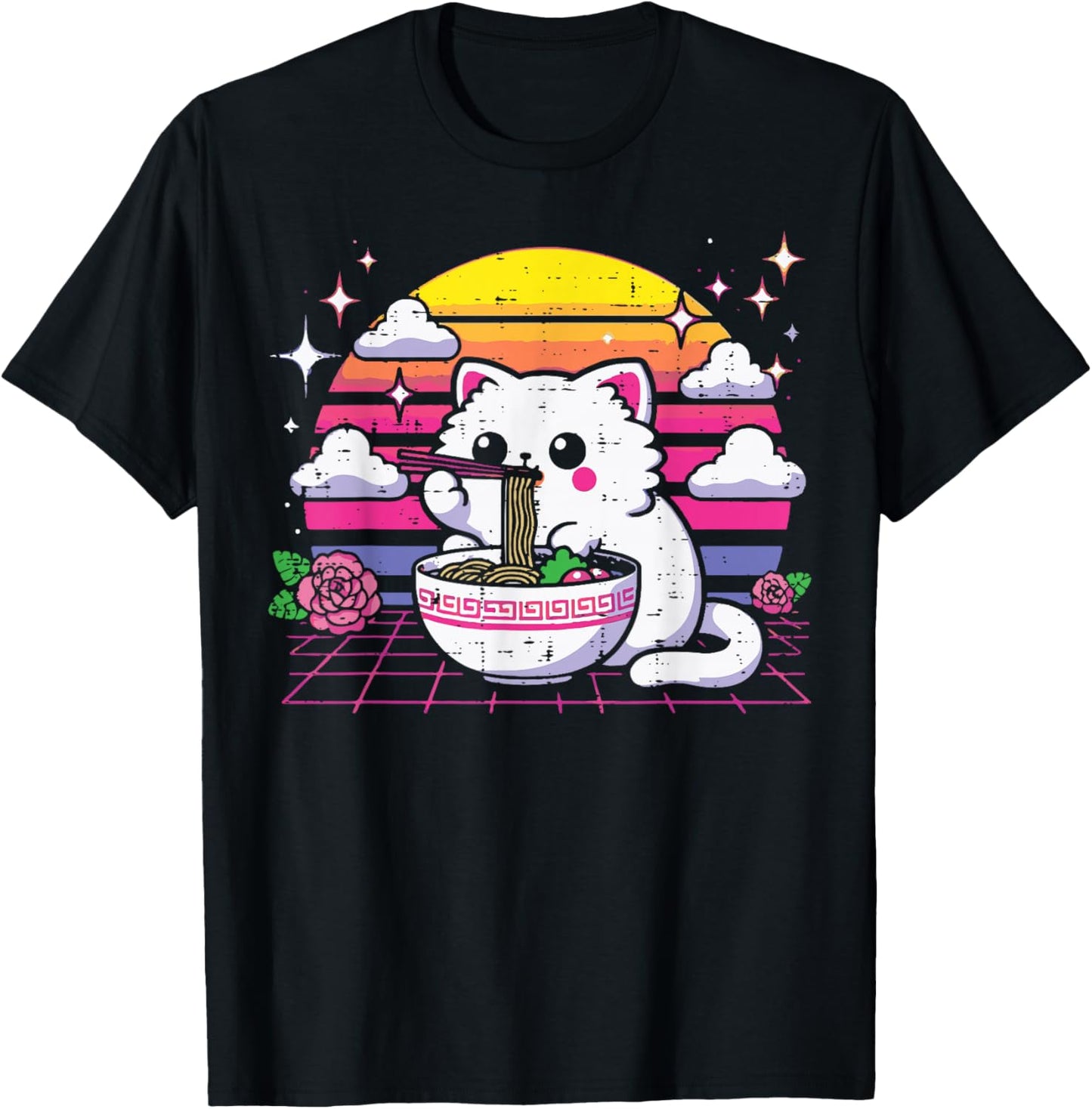 Japanese Cat Eating Ramen Vaporwave Ukiyo-e Women Girls Kids T-Shirt - T-Shirt | Black