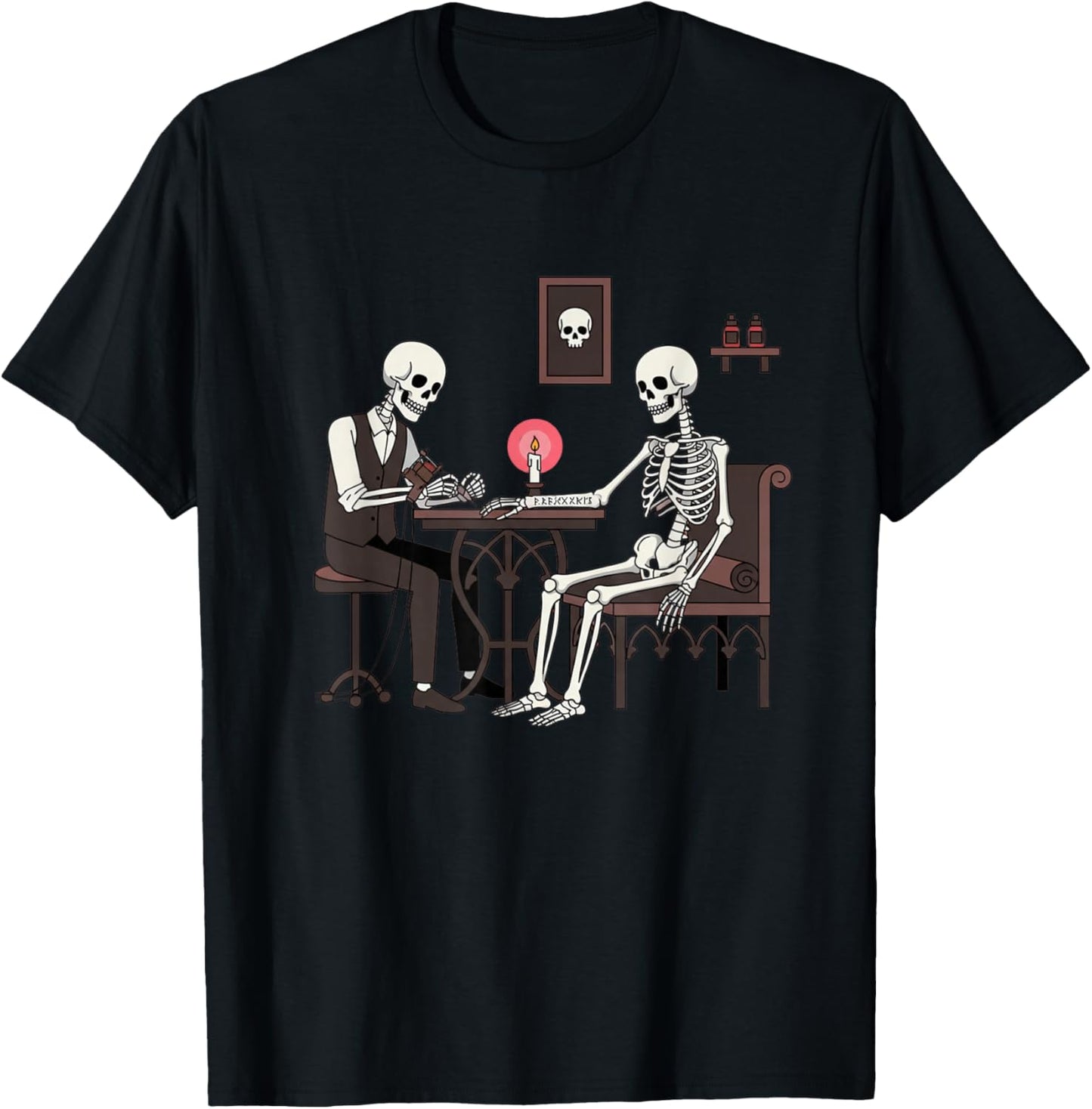 Skeleton Tattoo Artist Giving Ink to Another Skeleton Funny T-Shirt - T-Shirt | Black