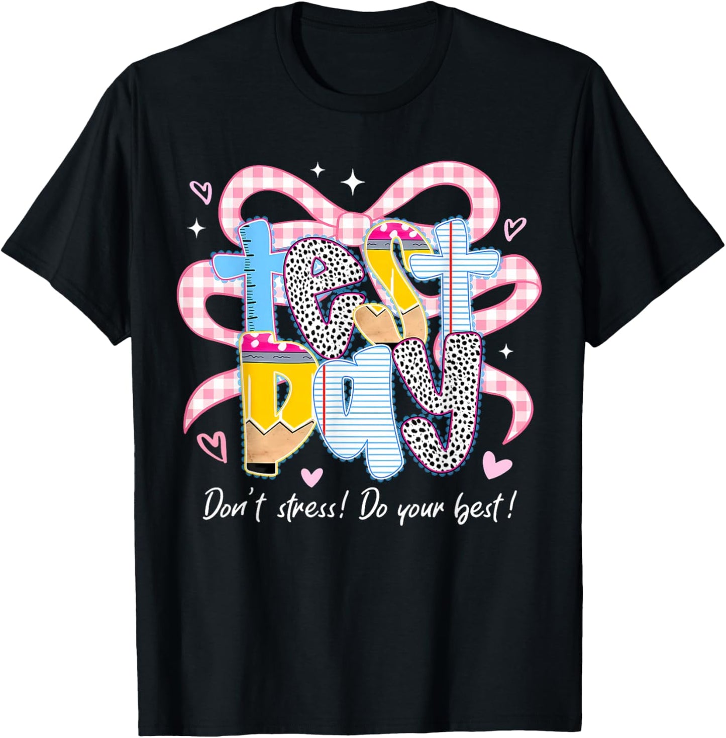 Test Day Pink Plaid Coquette Bow State Testing Teacher Kids T-Shirt - T-Shirt | Black