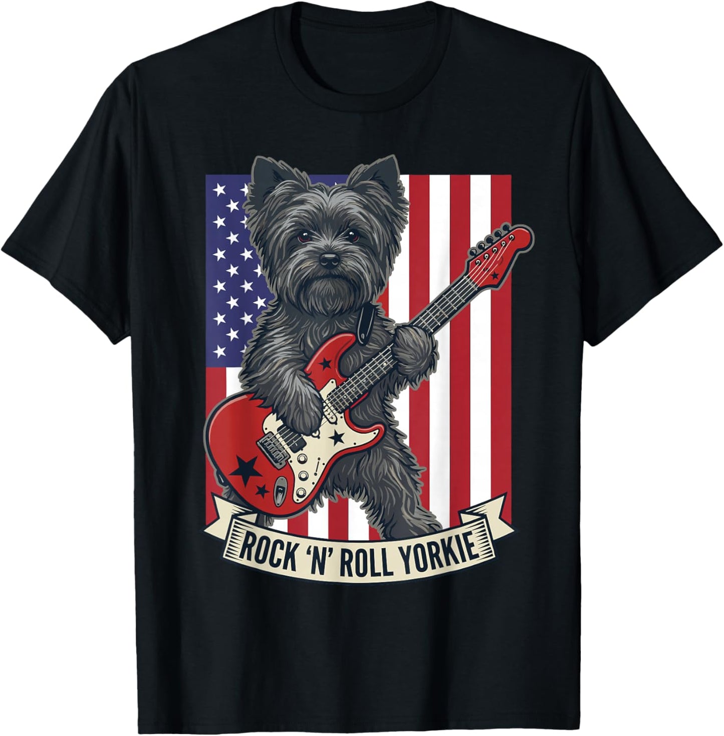 Rock N Roll Yorkie Dog Playing Guitar USA Flag Puppy T-Shirt - T-Shirt | Black