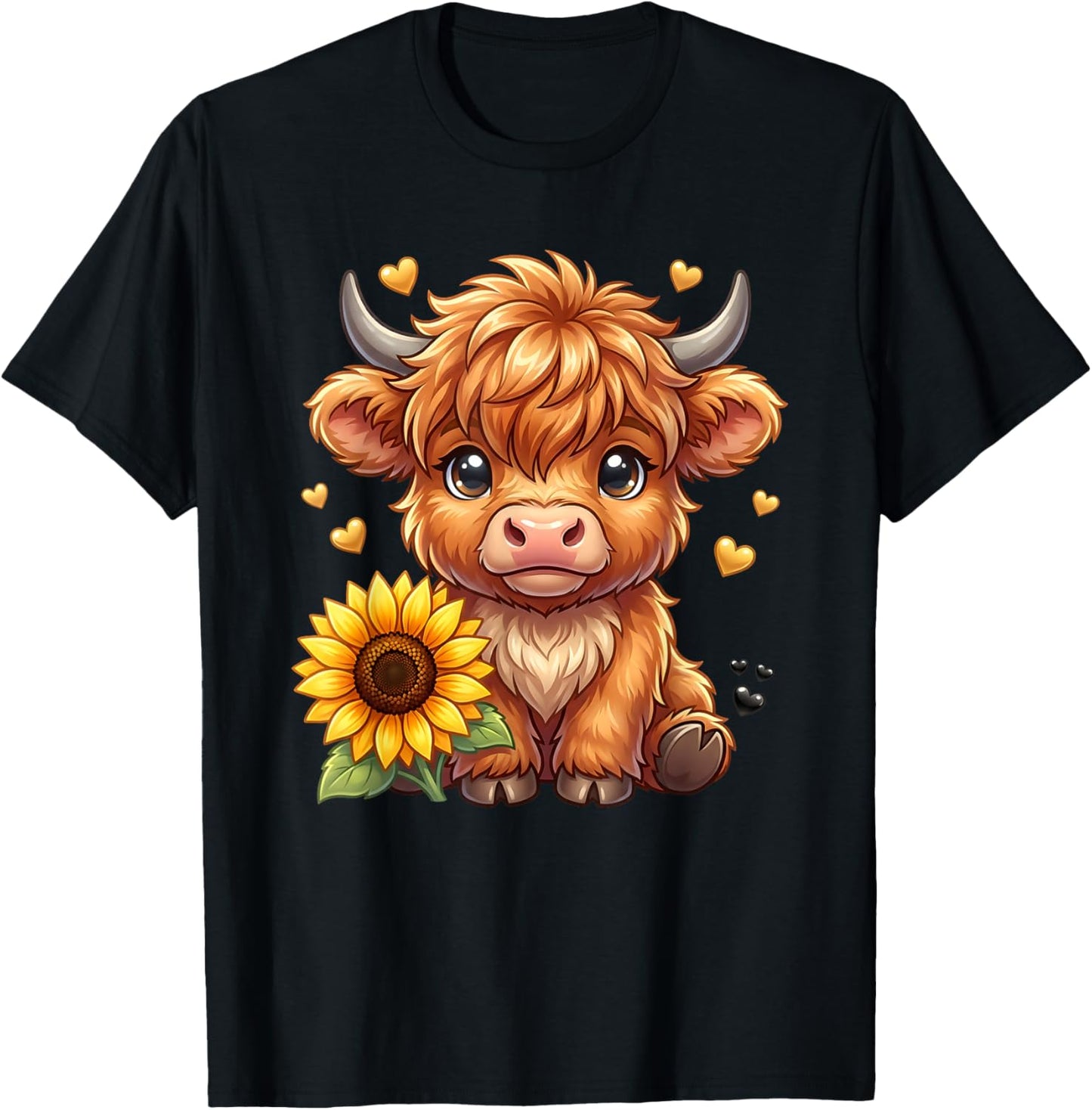 Highland Cow Sunflower Cute Floral Cow Girls T-Shirt - T-Shirt | Black