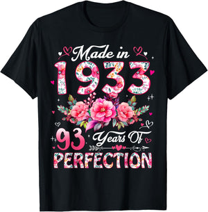 93 Year Old Made in 1933 Floral 93rd Birthday Women T-Shirt - T-Shirt | Black
